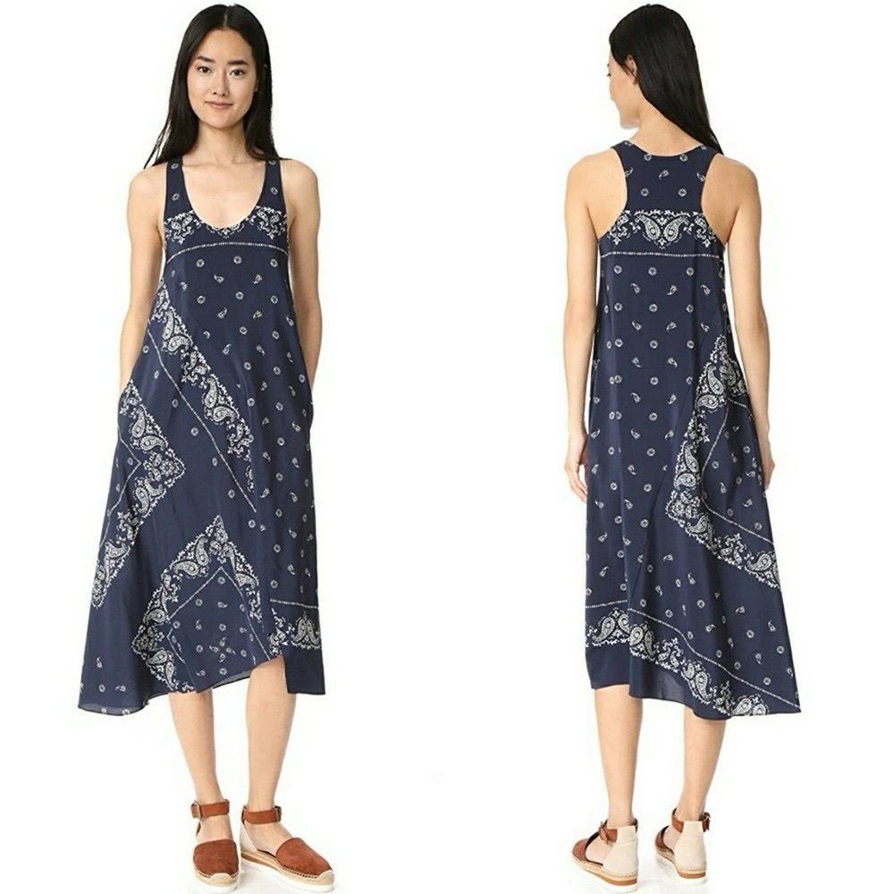 Theory 100% silk Navy Blue Bandana Print Midi Dress